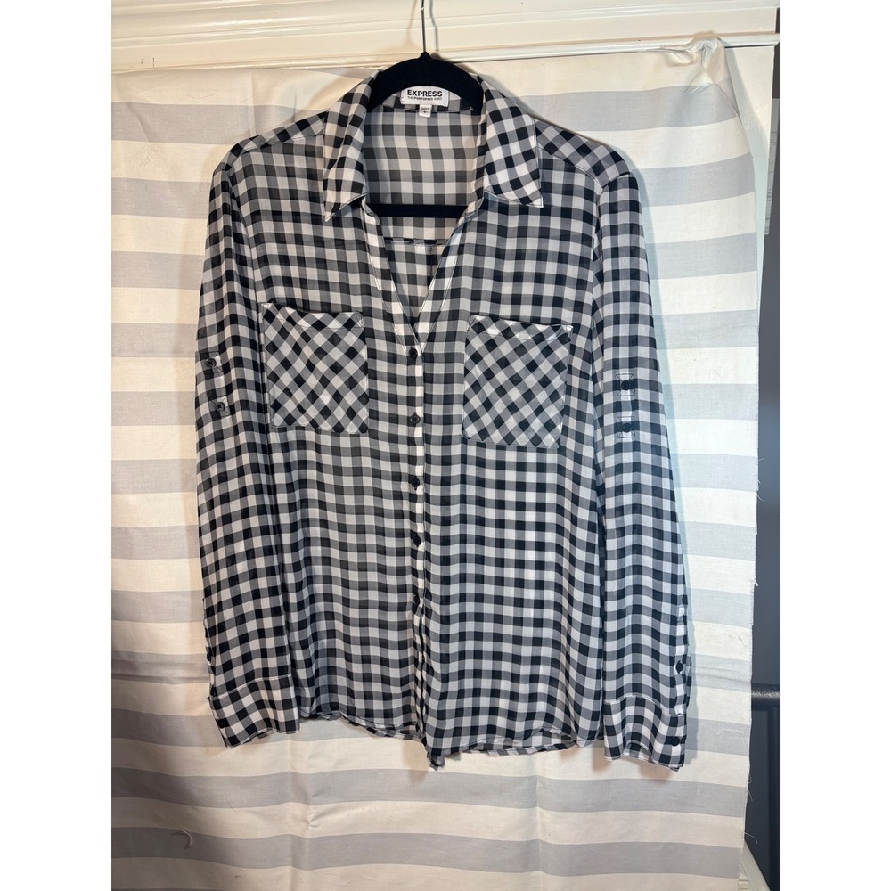 Express Portofino Shirt Womens LG Black White Gingham Check Button Up